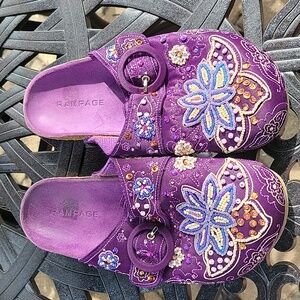 Rampage bejeweled flat heel purple slip on clog with buckle gorgeous beading